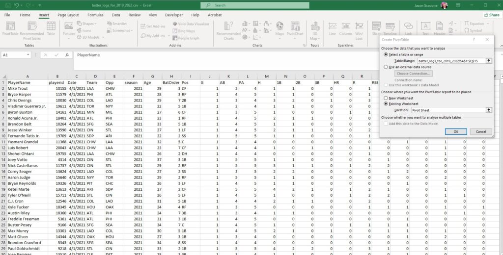 A menu for building pivot tables in Excel