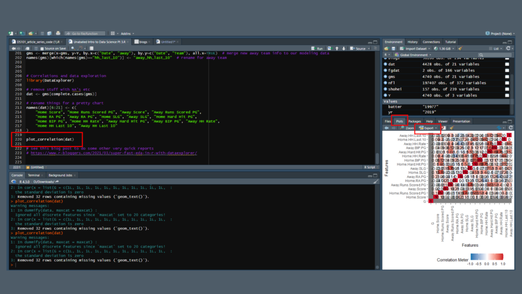 Lines of code showing how to find data correlation using the language R